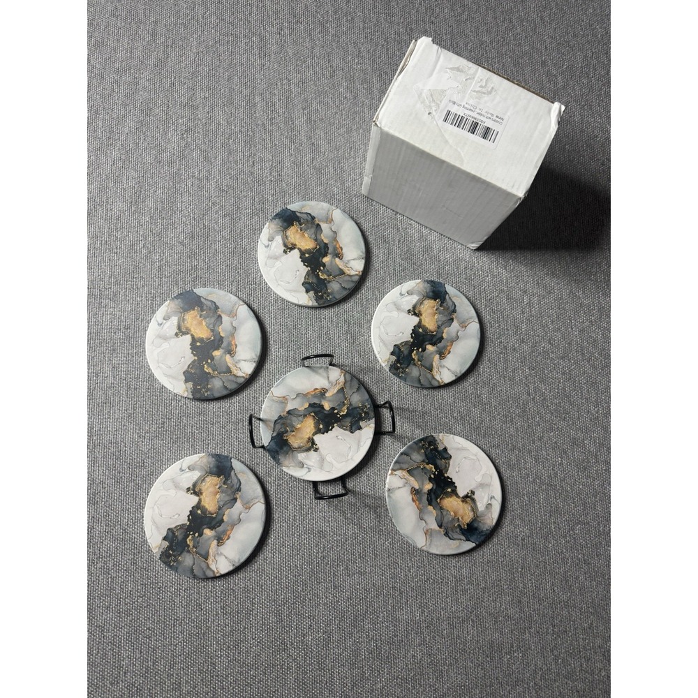 Gray, Blue, Gold Marble Round Coasters With Holder Set Of 6 Absorbs Moisture Set